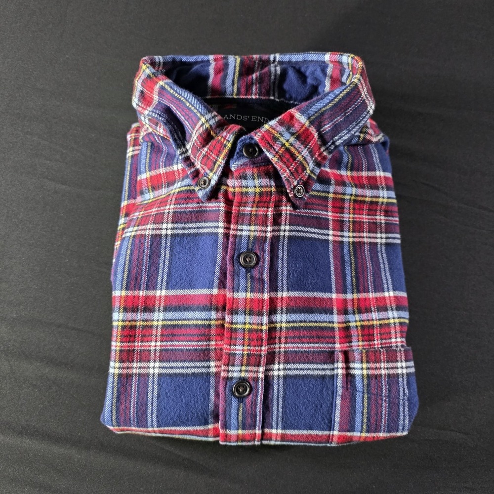 Lands' End Men's‎ L Flannel Shirt Red Navy Tartan Plaid Soft Cotton Button Down